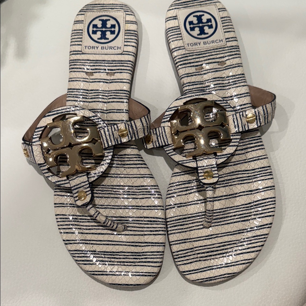 Tory Burch Striped Navy & White Miller Thong Sandals with Gold Logo